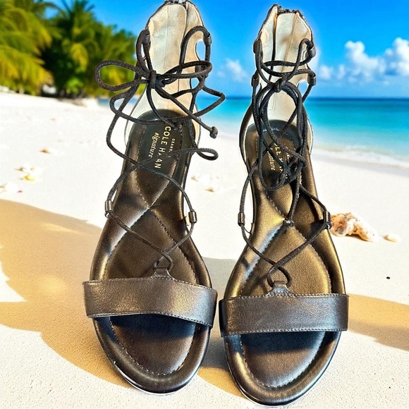 NWOT Cole Haan Grand-OS Black & White Leather Lace-Up Gladiator Sandals Size 5.5 - Picture 7 of 12